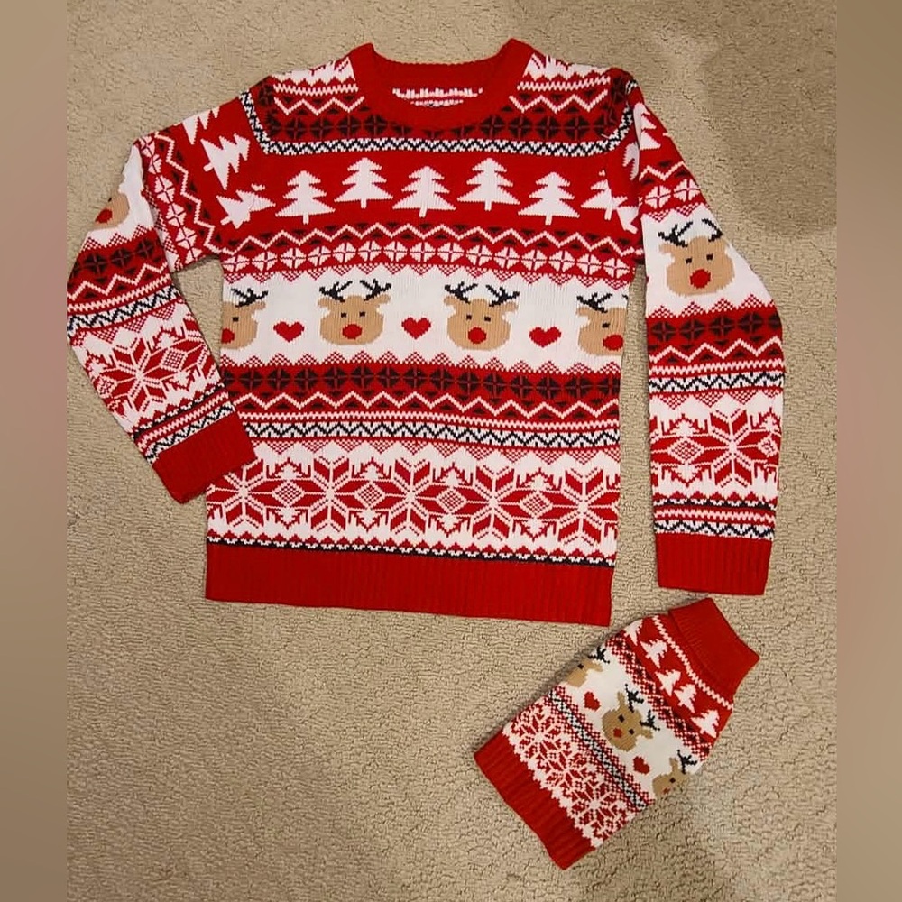 NEW Matching owner size M and size S pet Red & White Reindeer Holiday Sweater